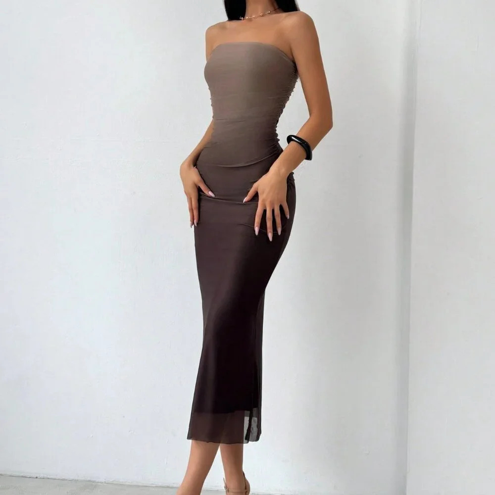 Multicolor Elegant Women's American Style Gradient Mesh Strapless Bodycon Dress - Picture 4 of 7